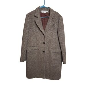 VTG Larry Levine Woolrich Herringbone Wool Coat‎ Brown Tan Made in USA Womens 10